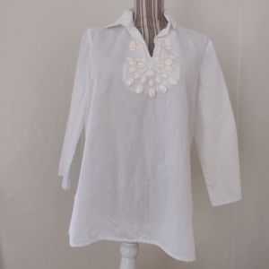 Talbots Vintage White Linen Blend Beaded V-neck Tunic Top Size M NEW